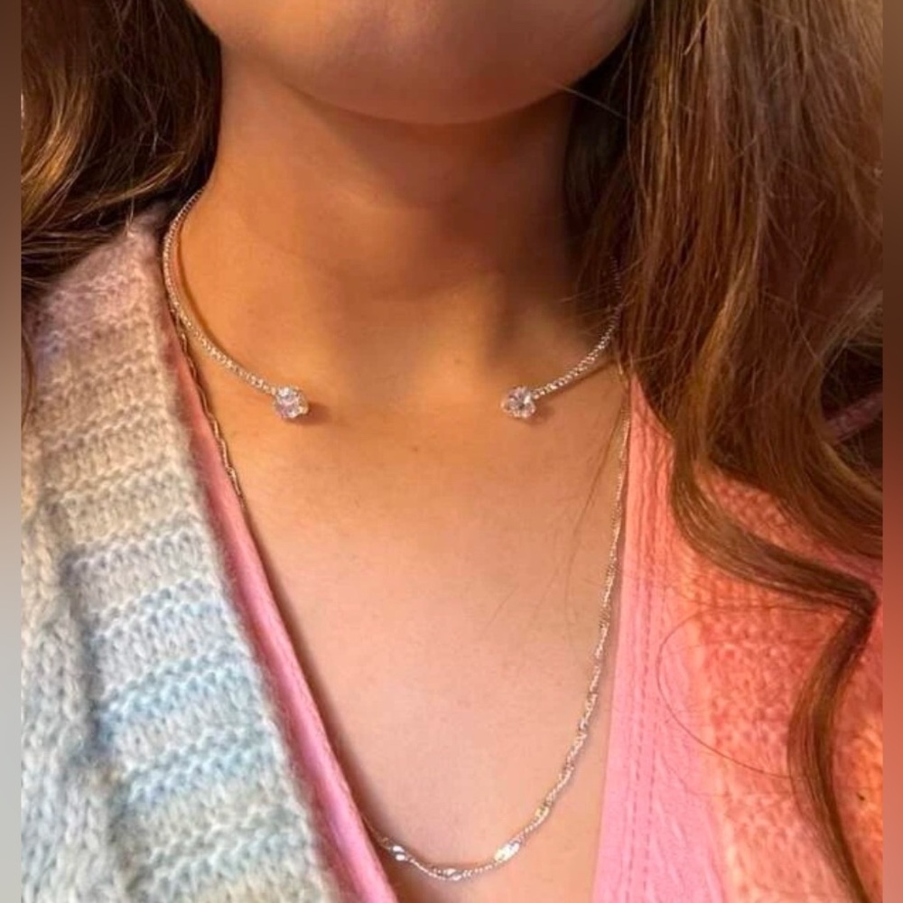 New Crystal & Cubic Zirconia Heart Accented Open Cuff Pave Choker Necklace - Picture 10 of 16